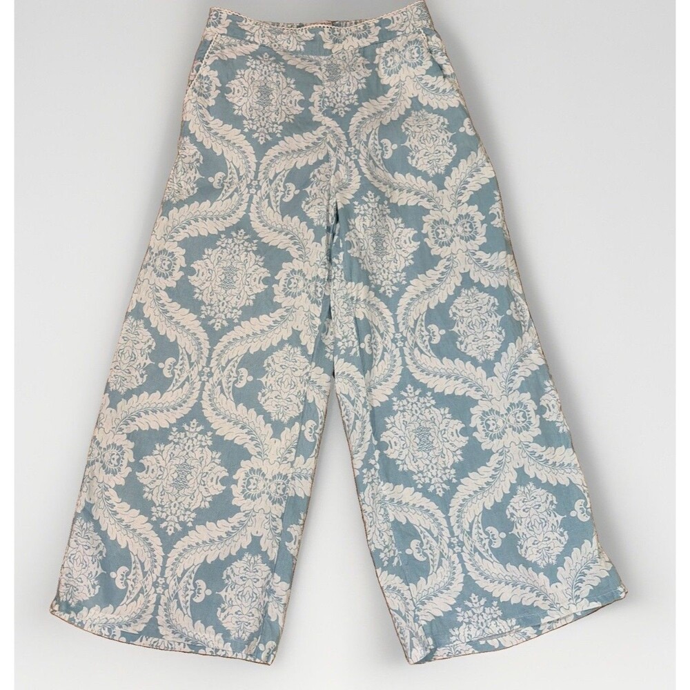 Laura Ashley 100% Linen Wide Leg Pants Blue And White Pockets Size M Boho